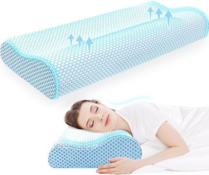 CloudBliss Neck Pillow for Sleeping, Ergonomic Cervical Neck Pillow for Neck Pain Relief, Memory Foam Pillow fit Neck Contour, Bed Pillow for Side Back Stomach Sleepers (Blue, Standard Size)