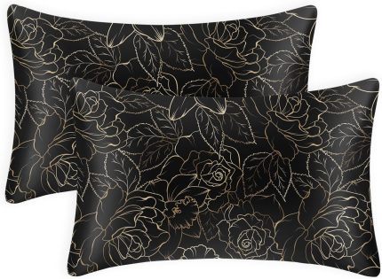 EXQ Home Satin Pillowcase for Hair and Skin Queen - Black Printed Silk Pillowcase 2 Pack 20x30 inches - Satin Pillow Cases Set of 2 with Envelope Closure, Gifts for Women Men