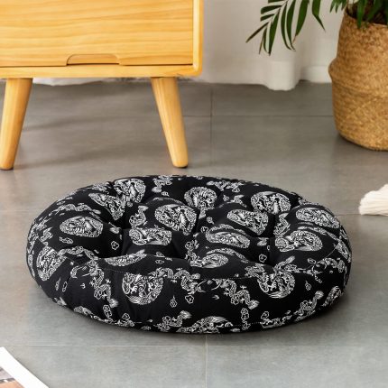 Floor Pillow, Dragon Pattern  Pillow Round Seat Cushion Yoga Cushion India Seating Pad for Living Room Bedroom Balcony Garden Party Decoration, Black, 22x22 Inch