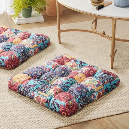 Floor Pillows Seating for Adults and Kids Set of 2, Square Large Boho Cushions for Yoga Living Room Tatami Sitting Home Decor, Memory Foam Added, 22x22 Inch Multi Patchwork